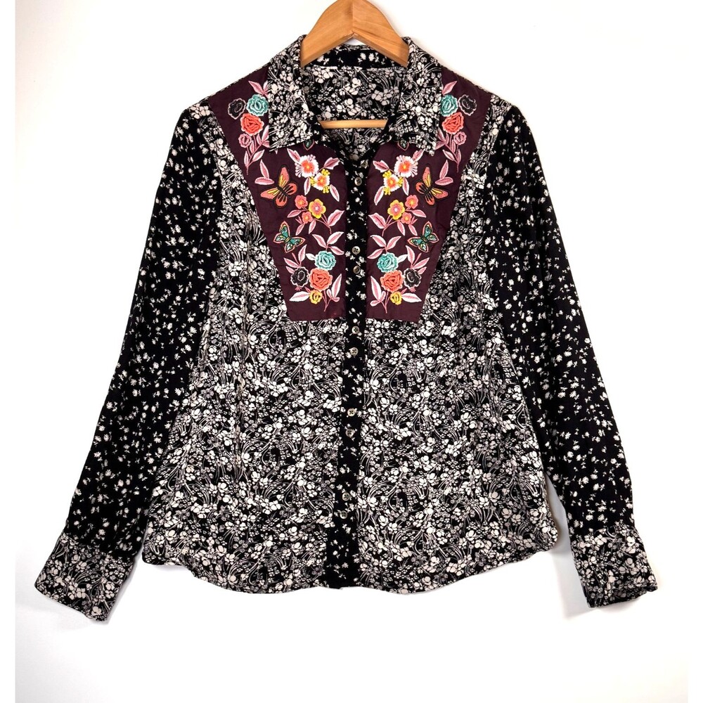 Anthropologie‎ Blouse Medium Black Ivory Floral Embroidered Rayon Western Boho